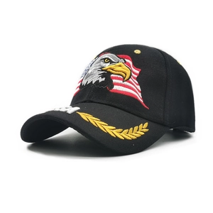 Black baseball cap with USA flag and eagle embroidery on a clean studio background