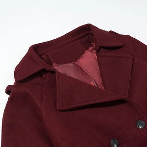 Women's burgundy double-breasted wool coat with large lapels and shoulder straps