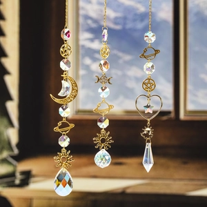 Crystal Suncatcher Wind Chime Gold Metal Moon Star Sun Pendants Rainbow Maker Window Garden Outdoor Decor Bohemian Hanging