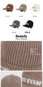 Detailed view of thick knit texture and STON embroidery on winter earflap visor hats