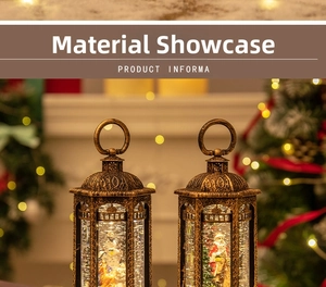 Detail of vintage bronze Christmas snow globe lantern with Santa and snowman scenes