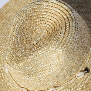 Vista dall'alto dettagliata del cappello di paglia intrecciata con eleganti conchiglie