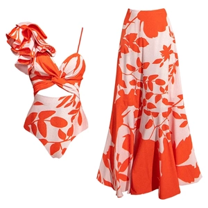 Floral print one-piece swimsuit and matching maxi skirt set with 3D ruffle flower detail