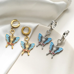 Butterfly Heart Dangle Hoop Earrings Stainless Steel Enamel Vintage INS Style Trendy Jewelry For Women