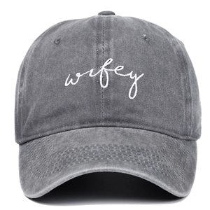 Vintage washed dark grey cotton baseball cap with white Wifey script embroidery