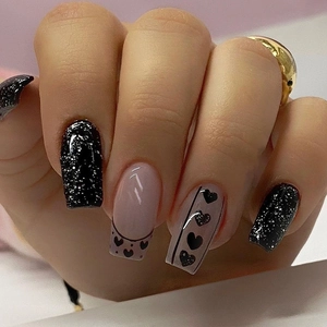 Press On Nails Black Glitter Heart French Design Square Round Fashion Y2K Spicy Girl Style For Women