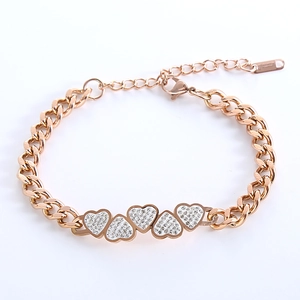 Rose gold stainless steel bracelet featuring five pavé heart charms with lobster clasp