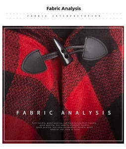 Detail of red buffalo plaid fabric texture and black horn buckle closure on poncho cape