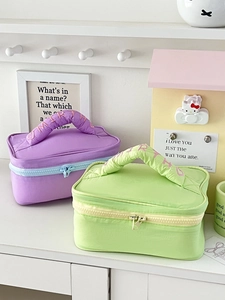 Detail of quilted cosmetic bags with soft handles and embroidered lettering textures