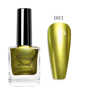 Close-up of metallic mirror gold nail polish bottle with color swatch No. 001