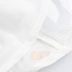 Sweet style white puff sleeve dress with floral jacquard texture and V-neckline detail