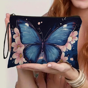 Butterfly Flower Print Makeup Bag Imitation Linen Cosmetic Pouch With Zipper And Wristlet Strap For Women Travel Toiletry Organizer