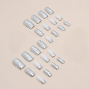 Silver glitter and French style square false nails set with 24 pieces for manicures