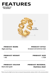 Detailed view of hollow rectangular chain link ring in gold-plated stainless steel