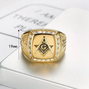 Classic Masonic gold ring with square G symbol and sparkling cubic zirconia stones