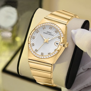 Luxurious gold stainless steel women's watch with rhinestone bezel and white sunray dial