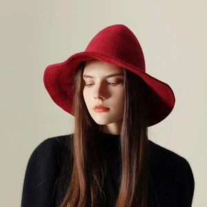 Knitted wool witch hat with wide brim in wine red, cozy vintage style autumn winter headwear
