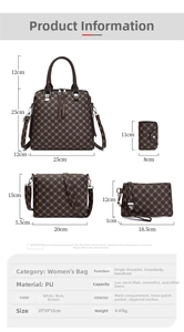 Detailed size chart of the 4-piece printed PU handbag set in brown floral pattern