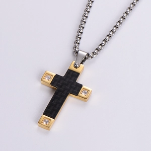 Cross pendant necklace with black carbon fiber inlay and gold accents on silver chain
