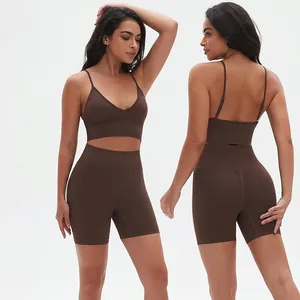 Conjunto de Yoga Sin Costuras para Mujer 2 Piezas Pantalones Cortos de Cintura Alta y Sujetador Deportivo Cuello en V