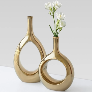 Moderne vergulde keramische vazen met abstract hol cirkelvormig ontwerp in tweedelige set