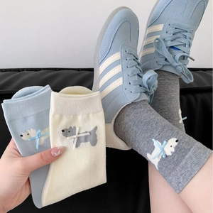Calze carine in cotone con ricamo cane Westie e fiocchi 3D nei colori blu e bianco