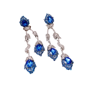 Vintage style blue gemstone and rhinestone tassel drop earrings in silver metal