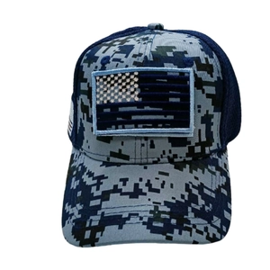 Digital camouflage baseball cap with American flag patch in blue-grey tactical style