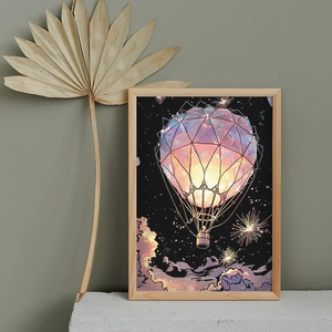 Luminous A4 scratch art set featuring a geometric hot air balloon in a wooden frame