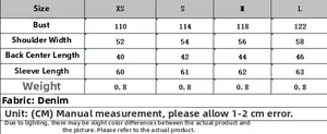 Tableau des tailles pour veste courte en jean à strass, dimensions de la taille XS à L