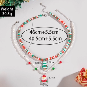 Two-piece Christmas necklace set with colorful beads, faux pearls and Santa Claus pendant