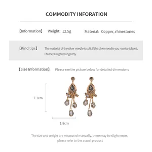 Size chart showing rhinestone flower tassel earrings dimensions and copper material info