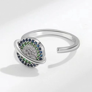 S925 silver spinning planet open ring with colorful blue and green cubic zirconia