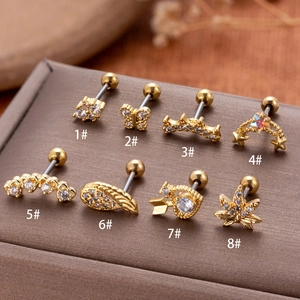 Gold stainless steel stud earrings with zircon butterfly and heart designs numbered 1-8