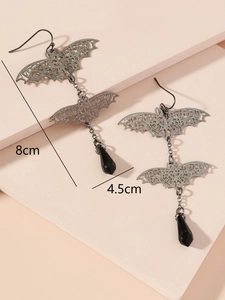 Gothic black bat earrings with teardrop pendant measuring 8cm by 4.5cm dimension