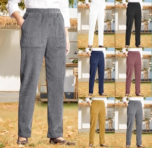 Detail view showing corduroy fabric texture and six available colors for women's casual pants