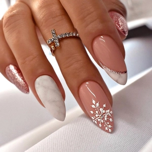 Press On Nails Almond Shape French Style Snowflake Pattern Glitter Marble Design Rhinestones Artificial False Fingernails