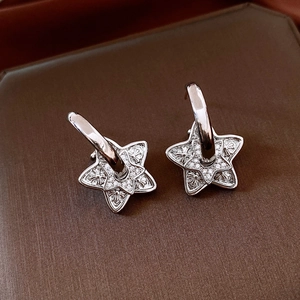 Detailed close-up of silver star earrings with pavé zircons and gothic cross patterns