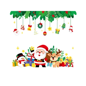 Cartoon Christmas window stickers featuring Santa, snowman, reindeer and colorful gift boxes
