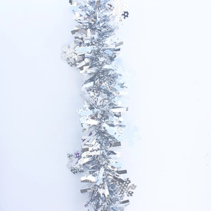 Sparkling silver Christmas tinsel garland with snowflake shapes on white background