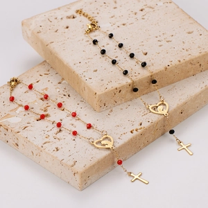 304 Stainless Steel Beaded Bracelet Cross Heart Charm Religious Virgin Mary Jewelry For Women Boho Gold Tone