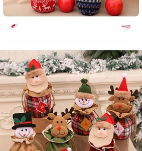 Detail of Christmas burlap drawstring gift bags with 3D Santa, Snowman and Reindeer