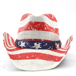 Detailed close-up of woven USA flag cowboy hat with silver star studs and mesh texture