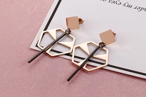 Detail of rose gold and black geometric earrings with hollow hexagons and long vertical bars