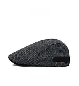 Side view of men's vintage grey plaid newsboy cap with adjustable metal buckle detail