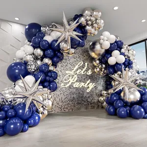 Blue and silver party balloon arch kit with star balloons for birthday graduation events
