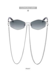 Front view of round polygon sunglasses with gradient gray lenses and silver chain