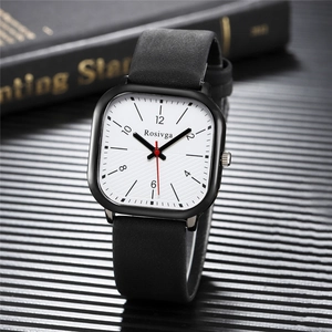 British style square quartz watch for men with white textured dial and black strap