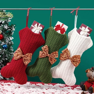 Christmas Stocking Dog Bone Shape Knitted Yarn Pet Holiday Hanging Decoration Polka Dot Bowknot Festive Home Decor