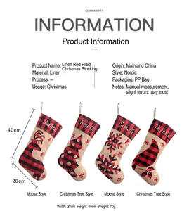 Chaussettes de Noël en lin à carreaux avec motifs élan et sapin pour décoration